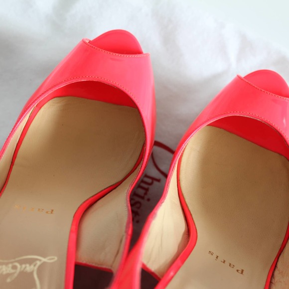 Christian Louboutin Une Plume Hot Pink Neon Patent Leather Cork Sandal Wedges - Picture 5 of 14